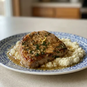 Looking down at two garlic butter pork chops topped with lemon slices and parsley, with a pool of garlic butter sauce.