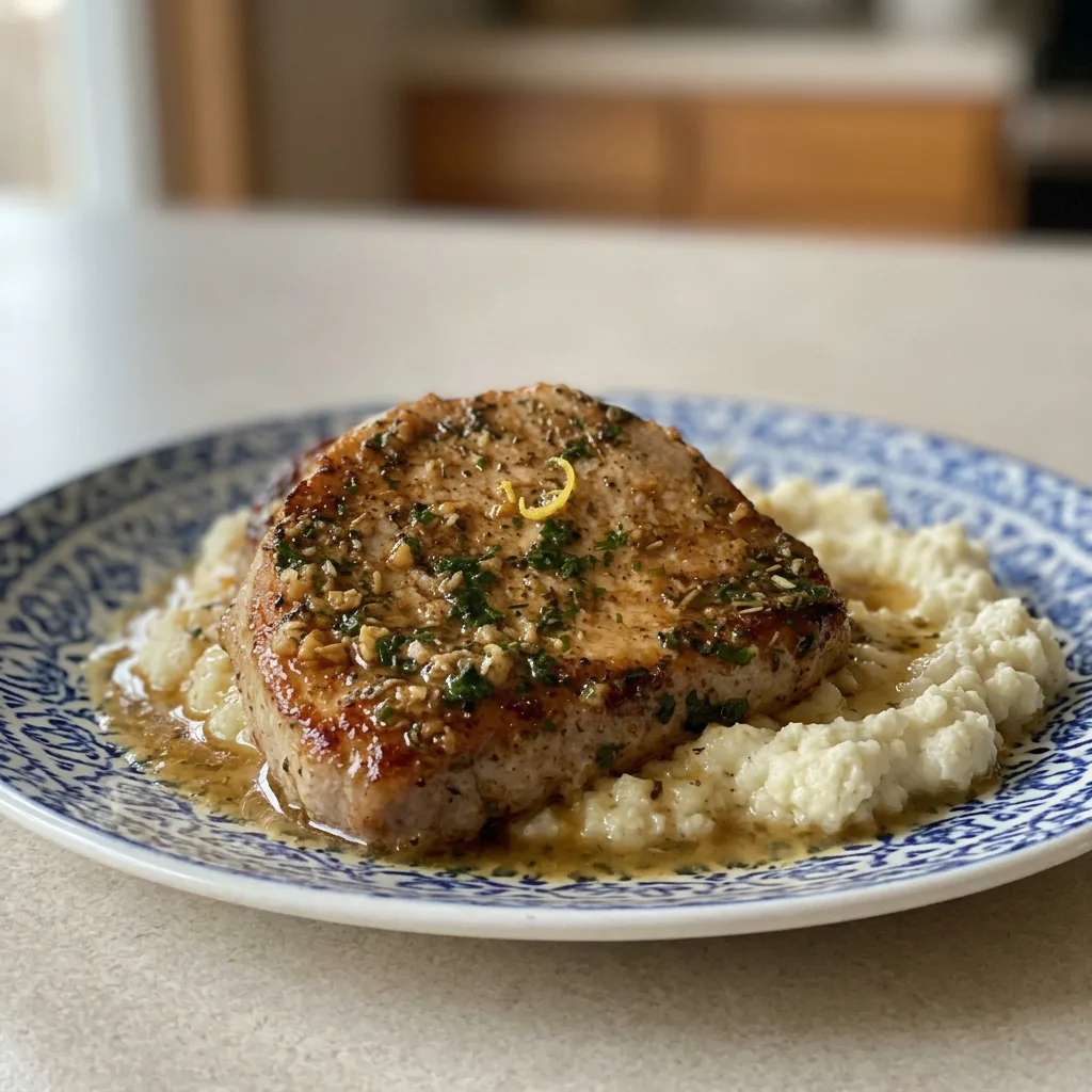 Looking down at two garlic butter pork chops topped with lemon slices and parsley, with a pool of garlic butter sauce.