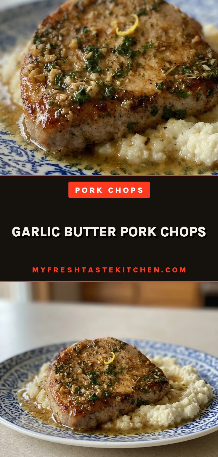 Looking down at two garlic butter pork chops topped with lemon slices and parsley, with a pool of garlic butter sauce.