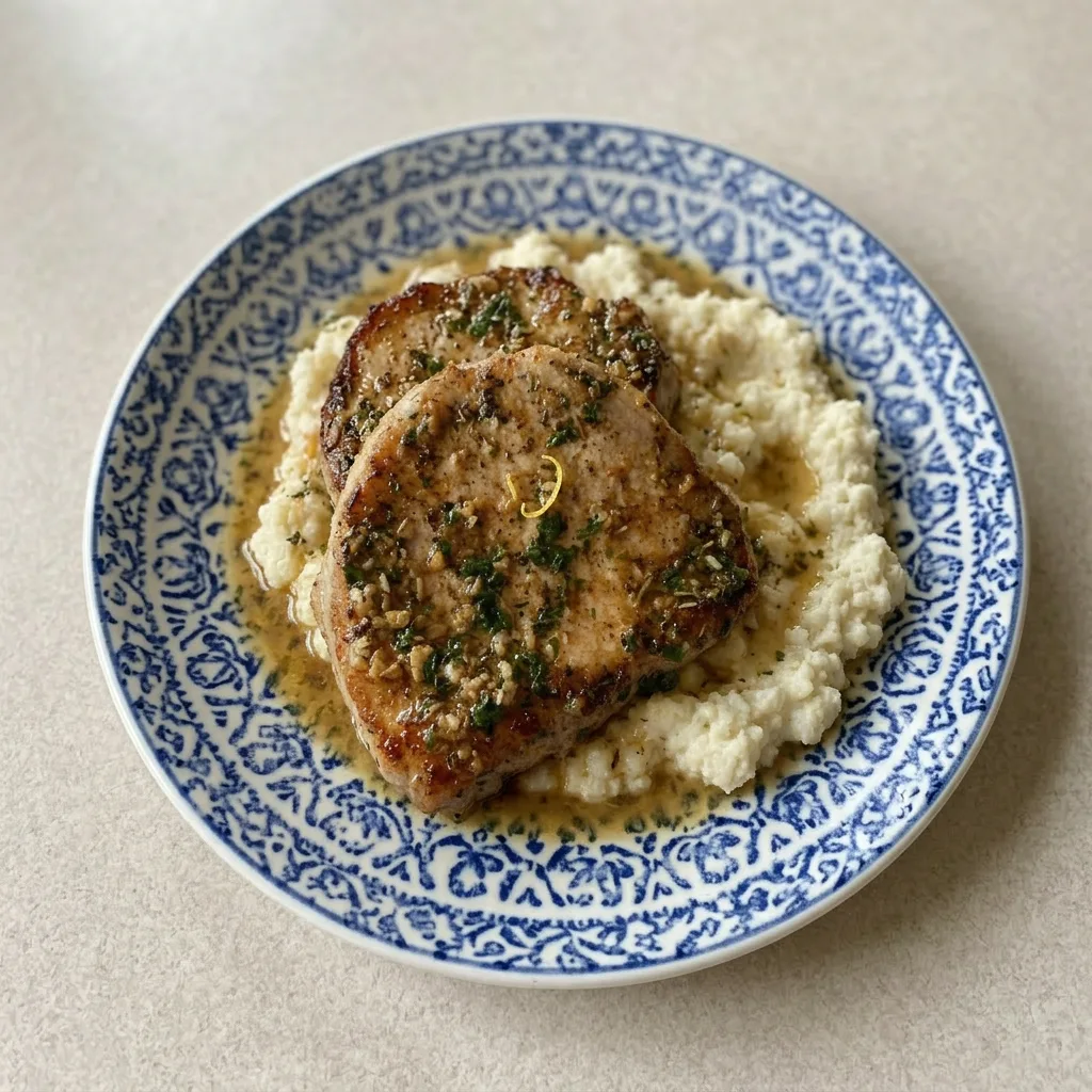 A plate of two pork chops drizzled with garlic butter sauce and sprinkled with Italian seasoning and parsley.