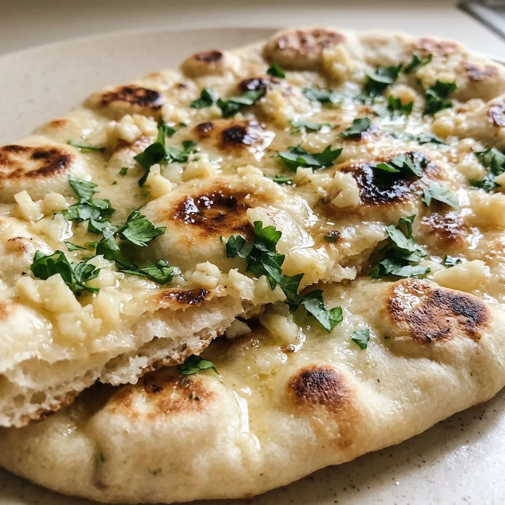 Macro detail of a garlic naan bread with visible garlic pieces and butter, sprinkled with cilantro.