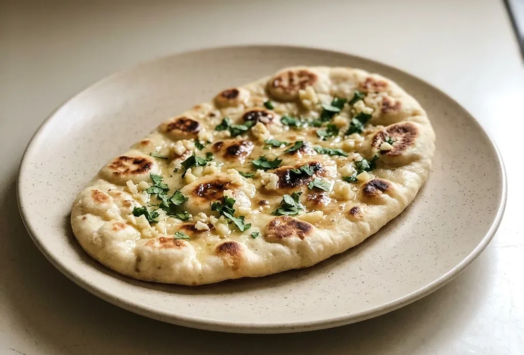 Top-down look at three round garlic naan breads topped with butter and cilantro.
