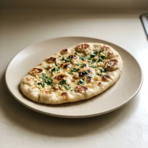 Top-down look at three round garlic naan breads topped with butter and cilantro.