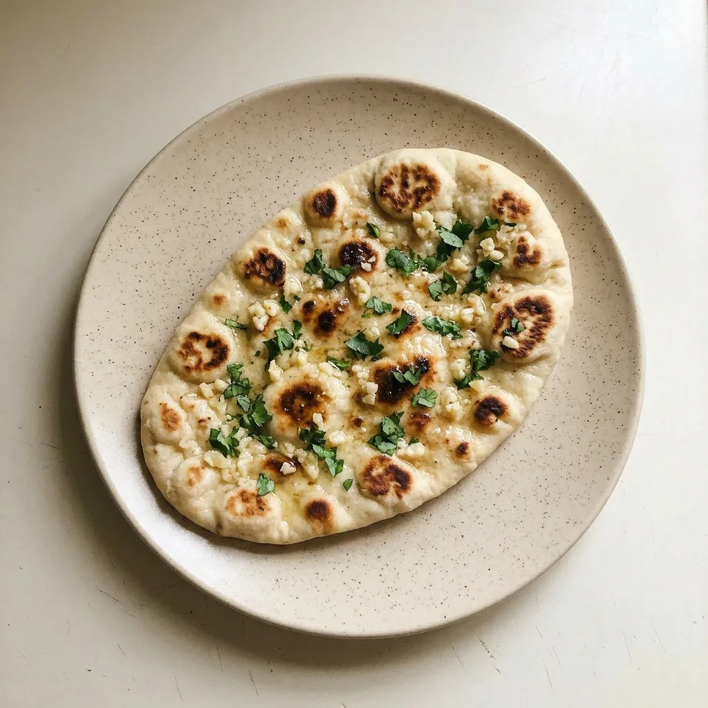 A serving of two garlic naan breads with butter and cilantro, one folded.