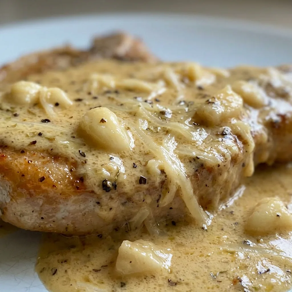 Macro detail of a pork chop with a golden crust, visible garlic pieces, and melted Parmesan cheese, with creamy sauce pooling around it.