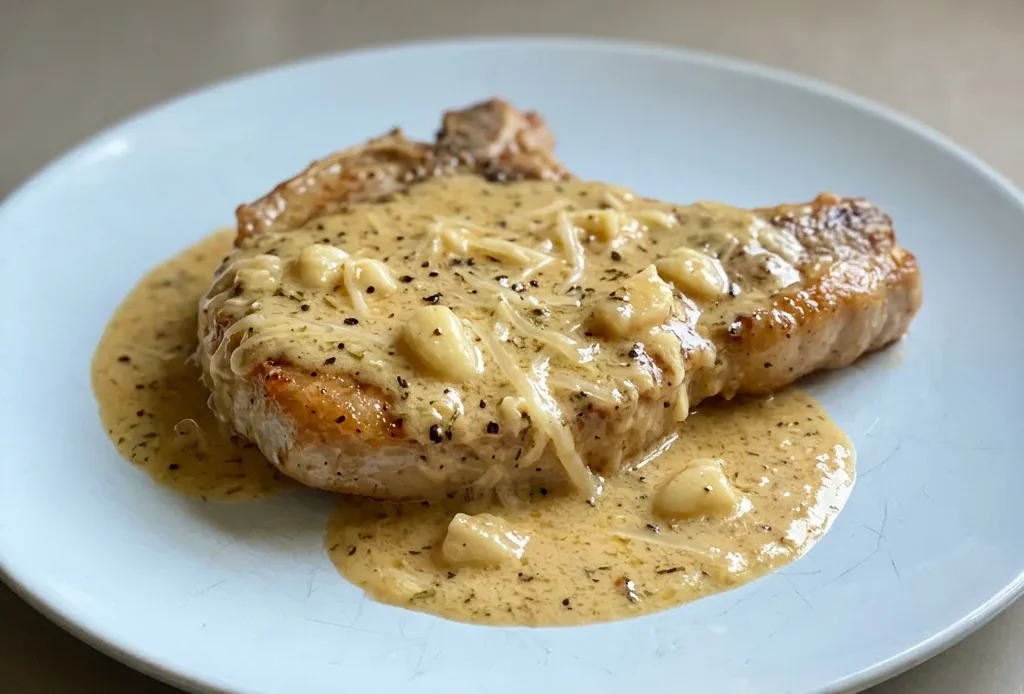 Top-down look at two breaded pork chops topped with grated Parmesan and minced garlic, resting in a creamy white wine sauce.
