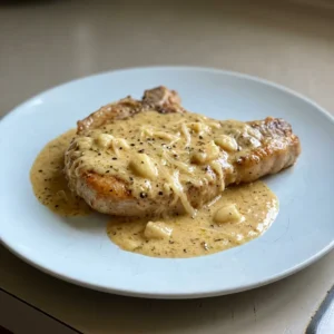 Top-down look at two breaded pork chops topped with grated Parmesan and minced garlic, resting in a creamy white wine sauce.