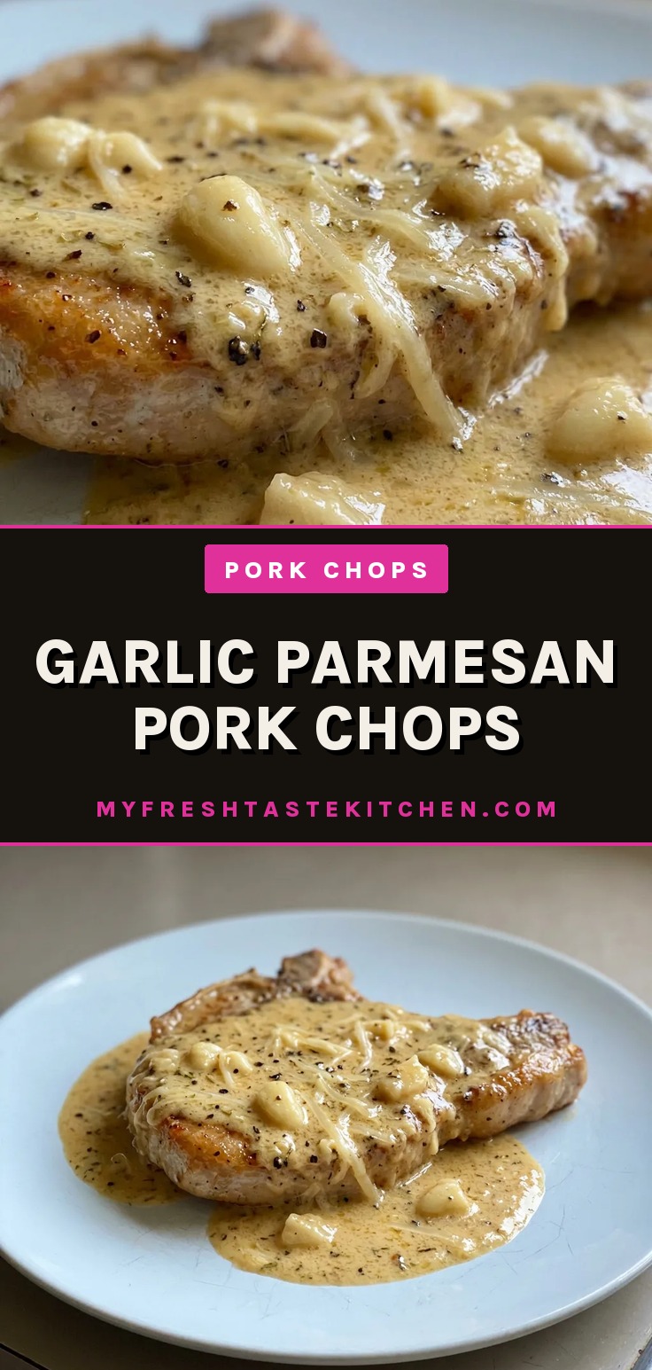Top-down look at two breaded pork chops topped with grated Parmesan and minced garlic, resting in a creamy white wine sauce.
