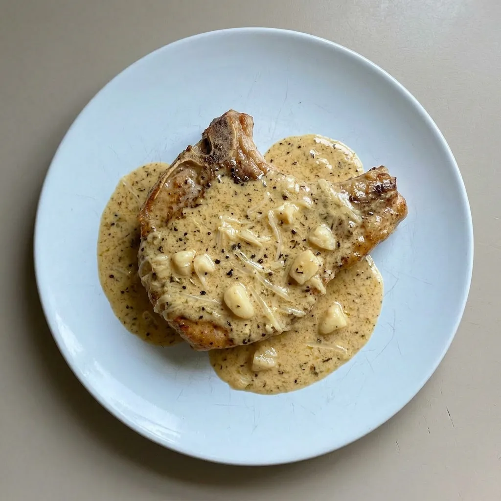 A serving of three garlic Parmesan pork chops, garnished with parsley, in a rich sauce of cream, white wine, and chicken broth.