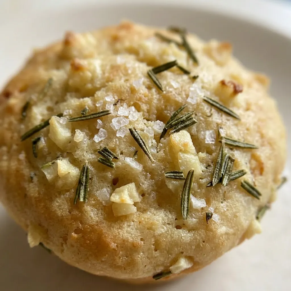 Zoomed in on the crispy, golden-brown top of a focaccia muffin studded with roasted garlic and rosemary, with visible olive oil sheen.