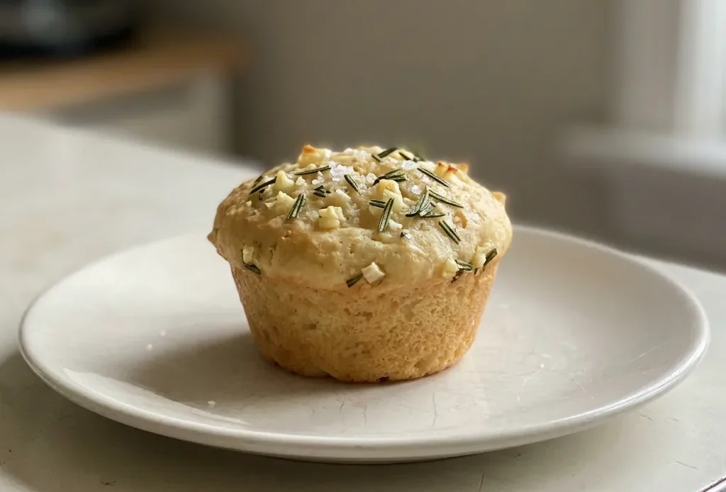 Bird's-eye view of a golden focaccia muffin topped with roasted garlic cloves and fresh rosemary leaves, drizzled with olive oil.