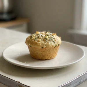 Bird's-eye view of a golden focaccia muffin topped with roasted garlic cloves and fresh rosemary leaves, drizzled with olive oil.