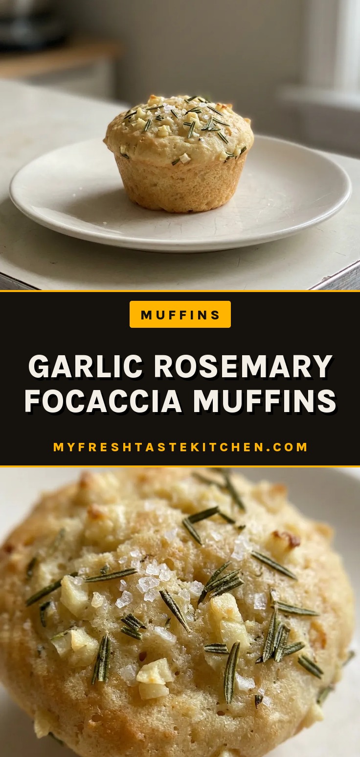 Bird's-eye view of a golden focaccia muffin topped with roasted garlic cloves and fresh rosemary leaves, drizzled with olive oil.