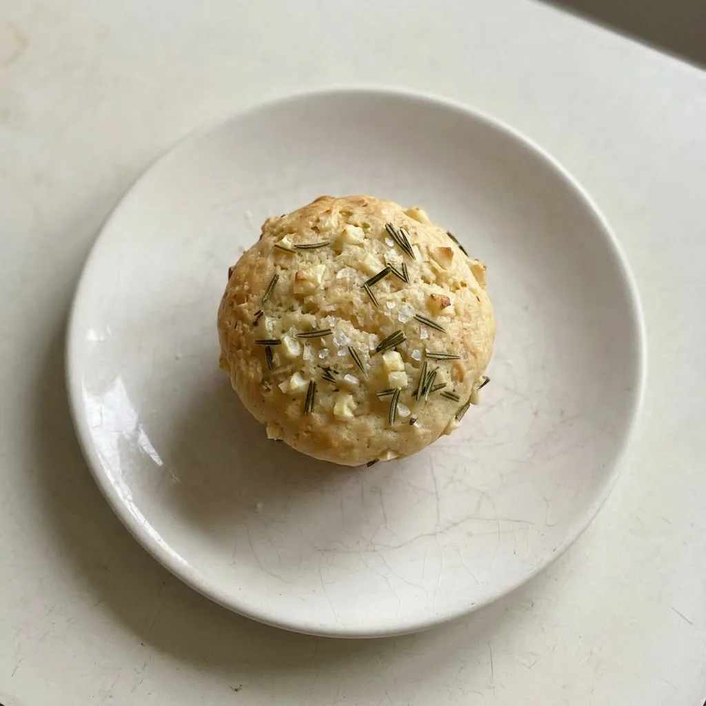 Ready to serve: a single garlic rosemary focaccia muffin with a glossy olive oil finish, topped with a roasted garlic clove and rosemary sprig.