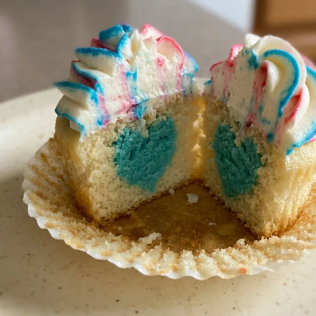 Macro detail of a cupcake with pink buttercream swirl, silver dragees, and a tiny fondant baby rattle.