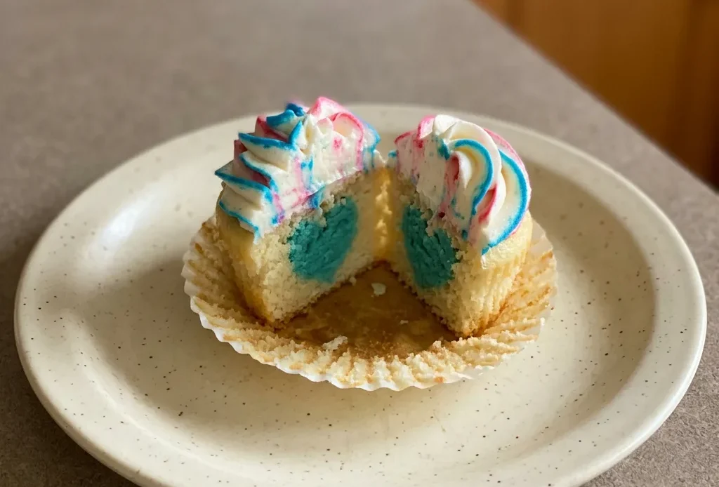 Top-down look at three vanilla cupcakes with pink, blue, and white buttercream rosettes and candy sprinkles.