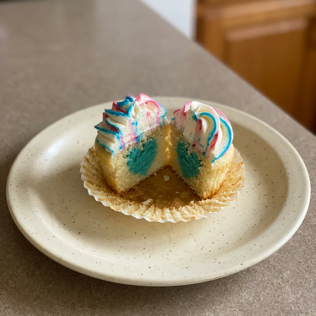 Top-down look at three vanilla cupcakes with pink, blue, and white buttercream rosettes and candy sprinkles.