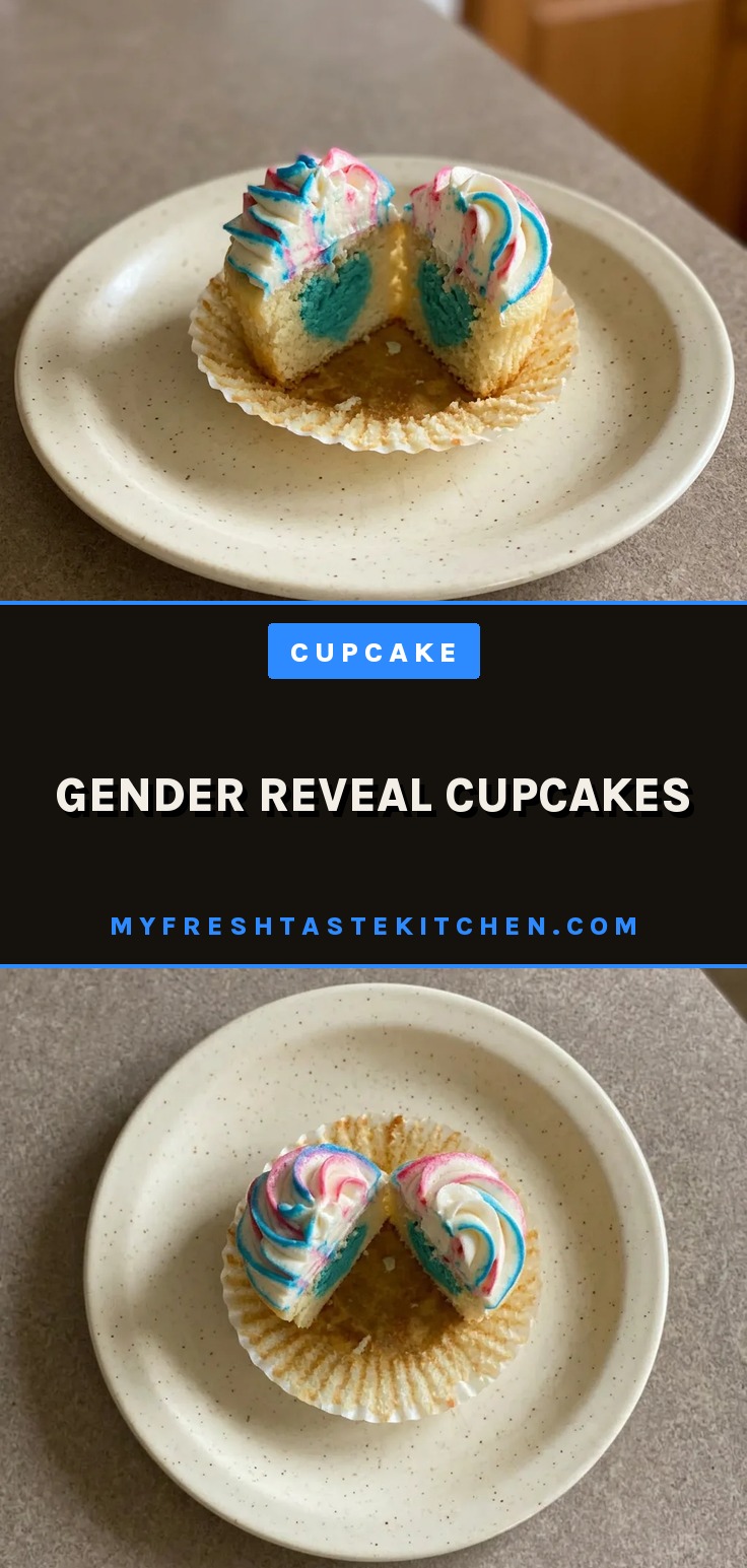 Top-down look at three vanilla cupcakes with pink, blue, and white buttercream rosettes and candy sprinkles.