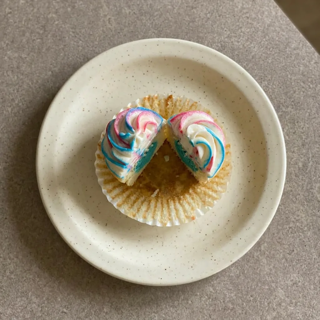 A serving of vanilla cupcakes topped with buttercream frosting in pink and blue, decorated with sprinkles.