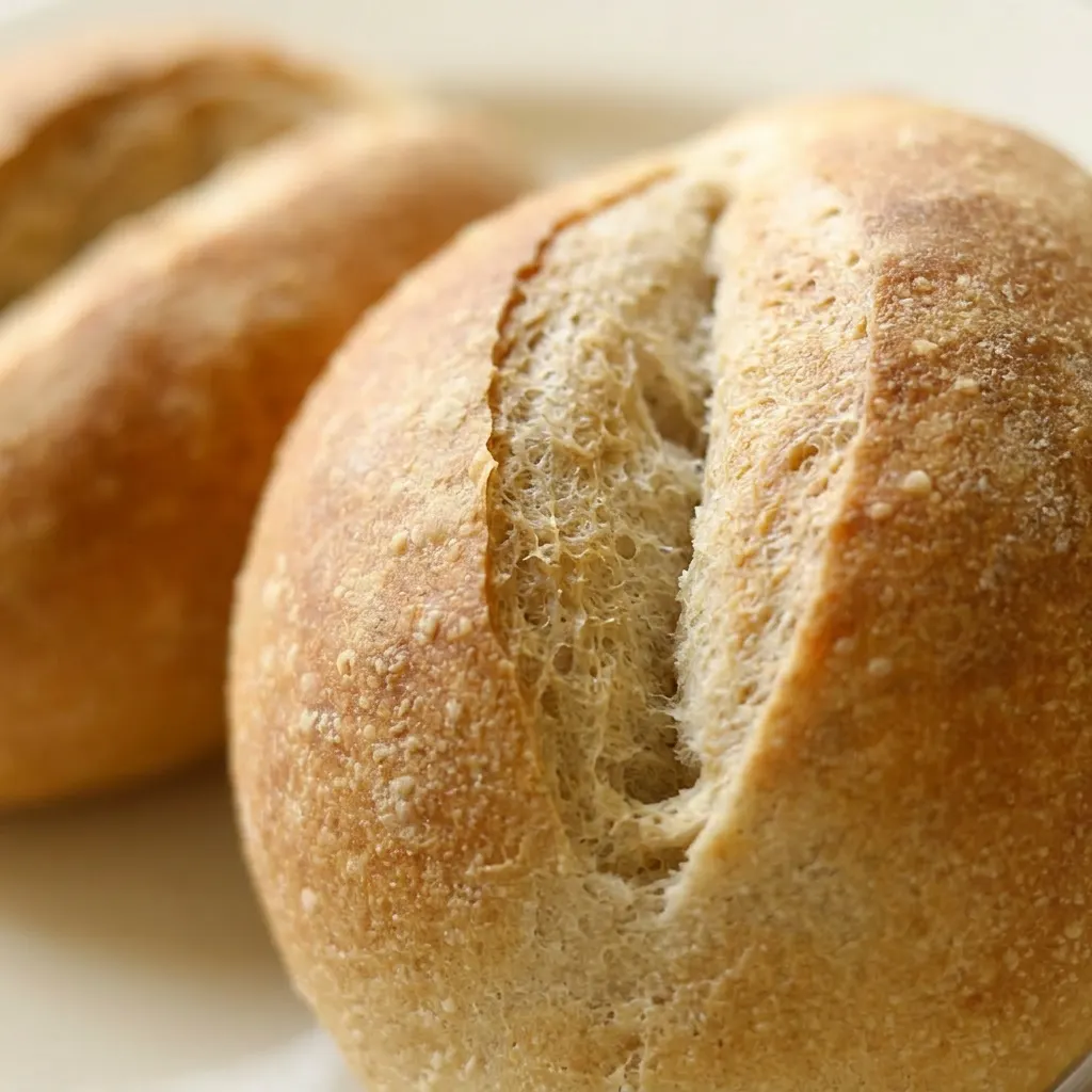 Close view of a split bread roll showing a soft interior with small air pockets, topped with butter and a sprinkle of salt.