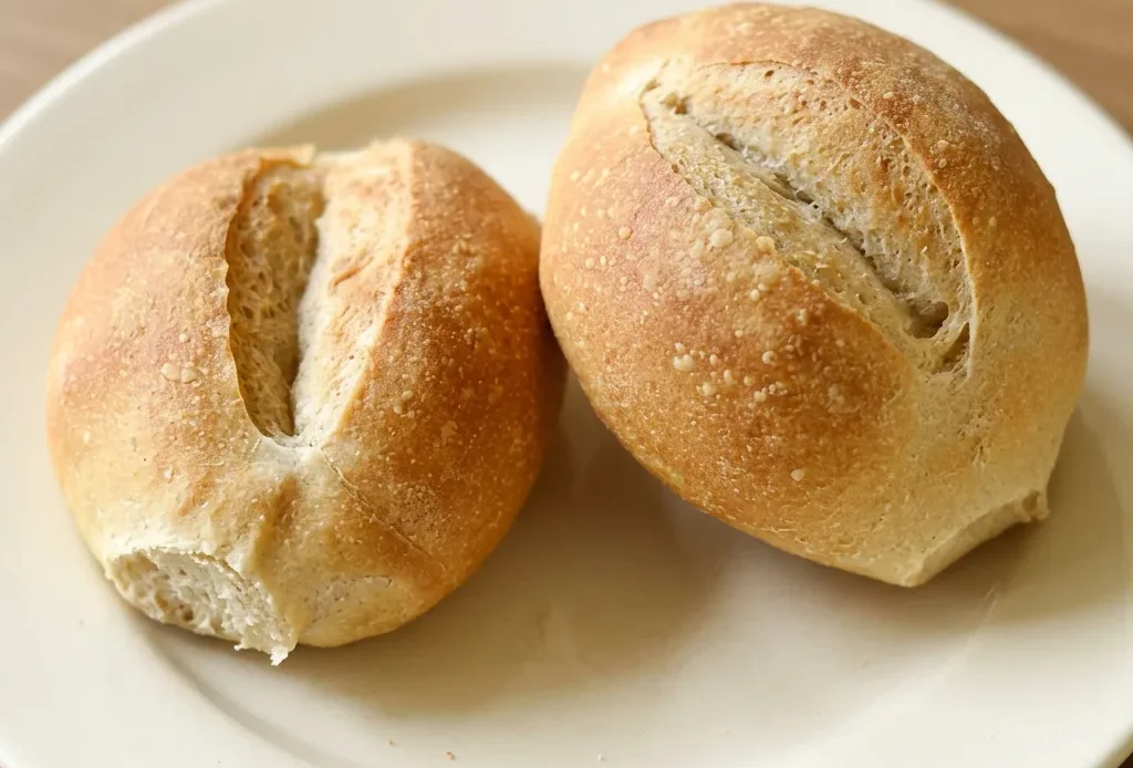 Overhead shot of two round bread rolls with a golden-brown crust and diagonal slashes, one topped with butter pats.