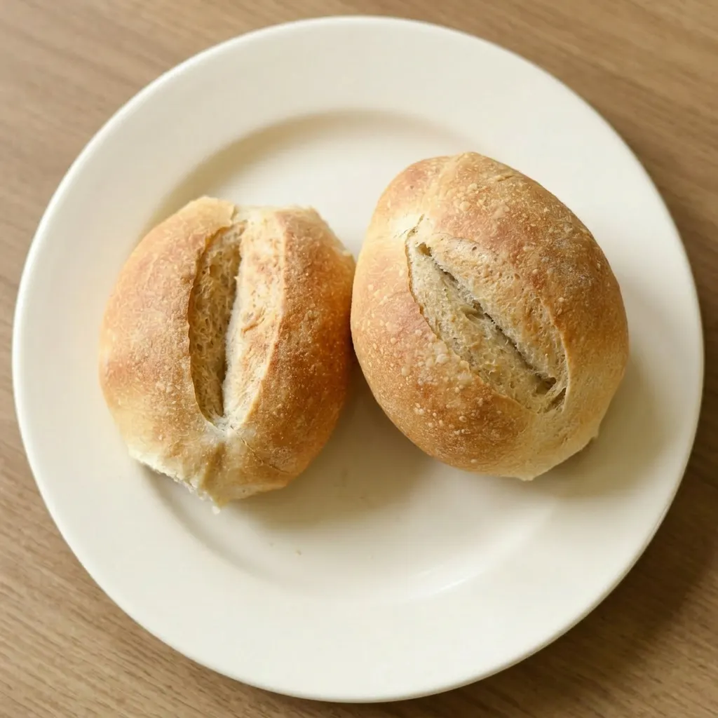 Plated bread roll on a wooden board, cut open with butter and a side of malt flakes visible.