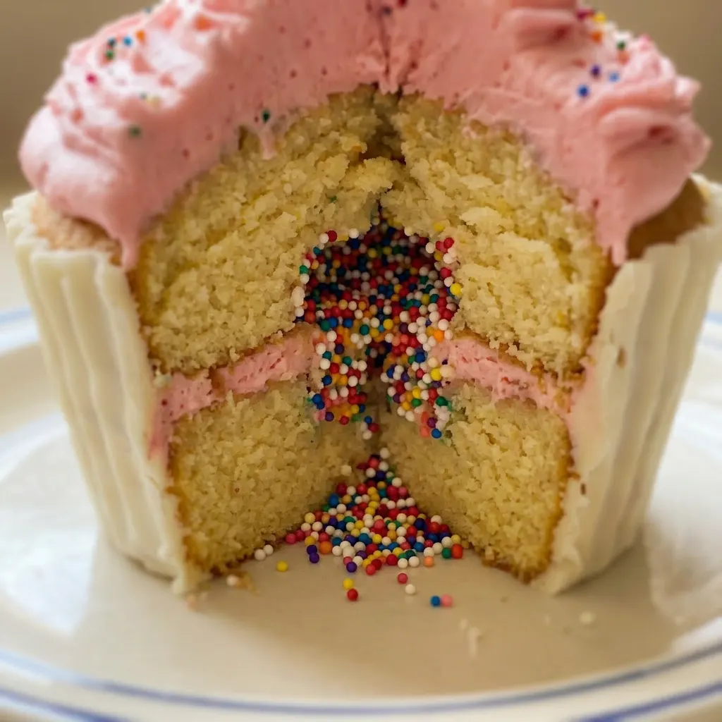 Macro detail of buttercream frosting swirls topped with sprinkles and a candy melt coating.