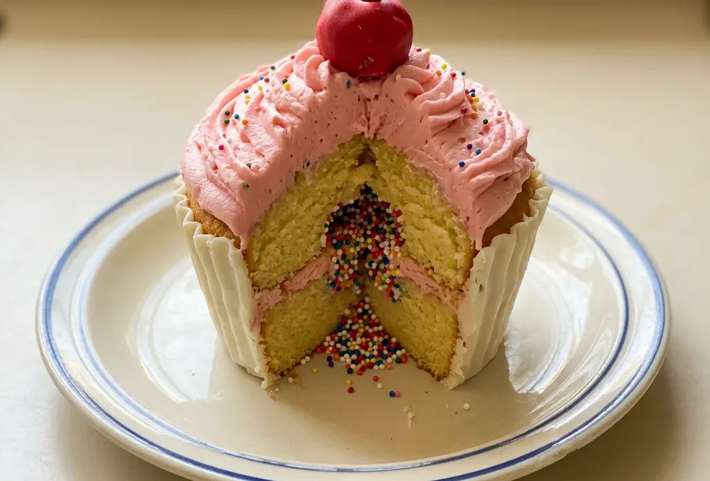Top-down look at a giant cupcake cake with white frosting, rainbow sprinkles, and a candy melt drizzle.