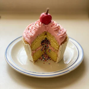 Top-down look at a giant cupcake cake with white frosting, rainbow sprinkles, and a candy melt drizzle.