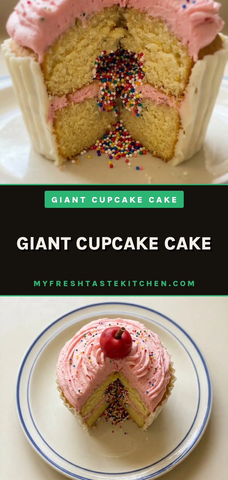 Top-down look at a giant cupcake cake with white frosting, rainbow sprinkles, and a candy melt drizzle.