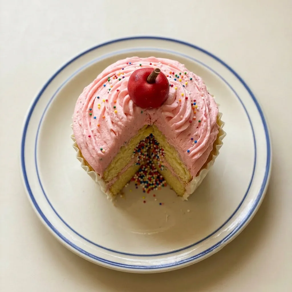 A serving of a giant cupcake cake slice showing white cake layers, vanilla pudding, and frosting.