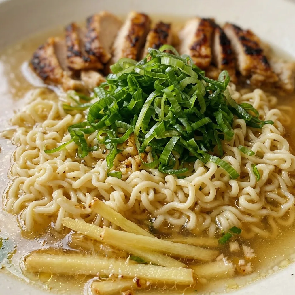 Close view of ginger garlic chicken noodle soup showing a chicken thigh, ramen noodles, and scallions in a soy sauce broth.