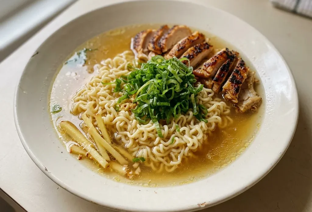 Overhead shot of a bowl of ginger garlic chicken noodle soup with shredded chicken thighs, ramen noodles, and scallions in broth.