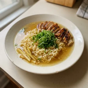 Overhead shot of a bowl of ginger garlic chicken noodle soup with shredded chicken thighs, ramen noodles, and scallions in broth.