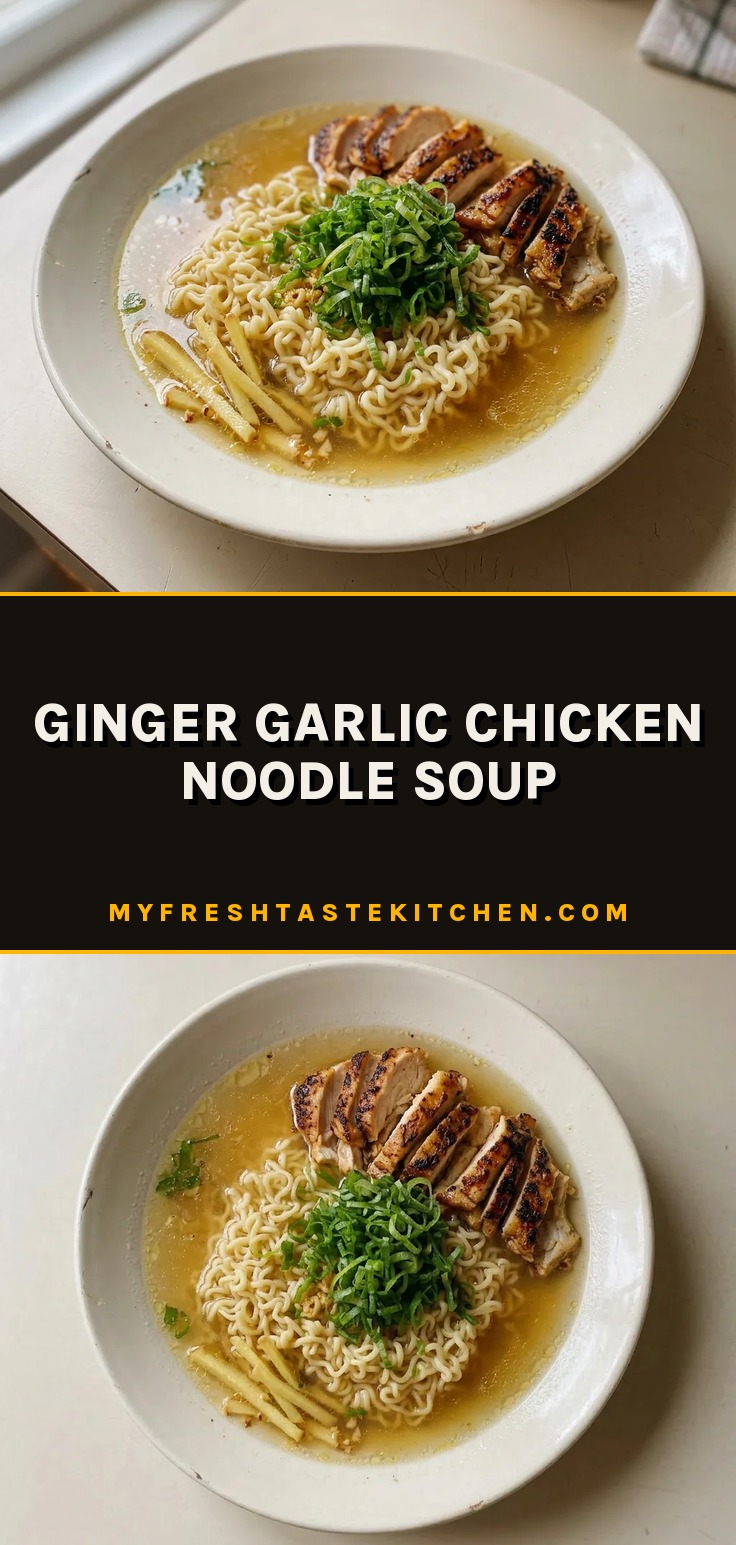 Overhead shot of a bowl of ginger garlic chicken noodle soup with shredded chicken thighs, ramen noodles, and scallions in broth.