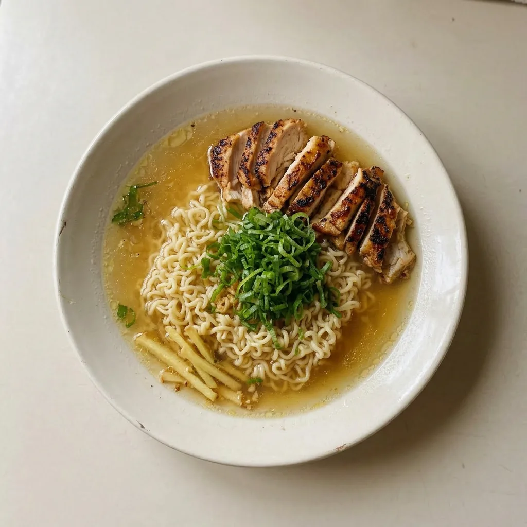 Plated ginger garlic chicken noodle soup with chicken thighs, ramen noodles, ginger, garlic, and scallions in broth.