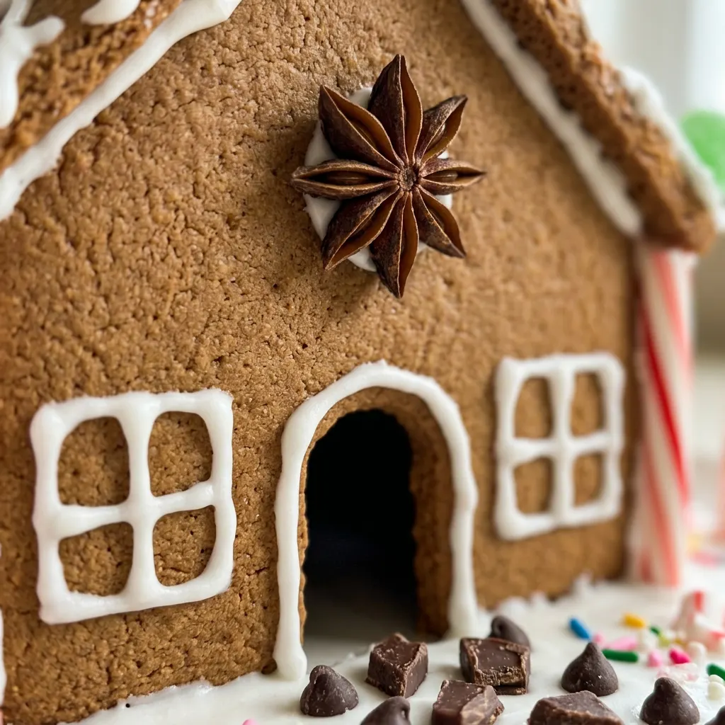 Up close, a gingerbread house wall with red and white candy canes, green gum drops, and multicolored sprinkles.