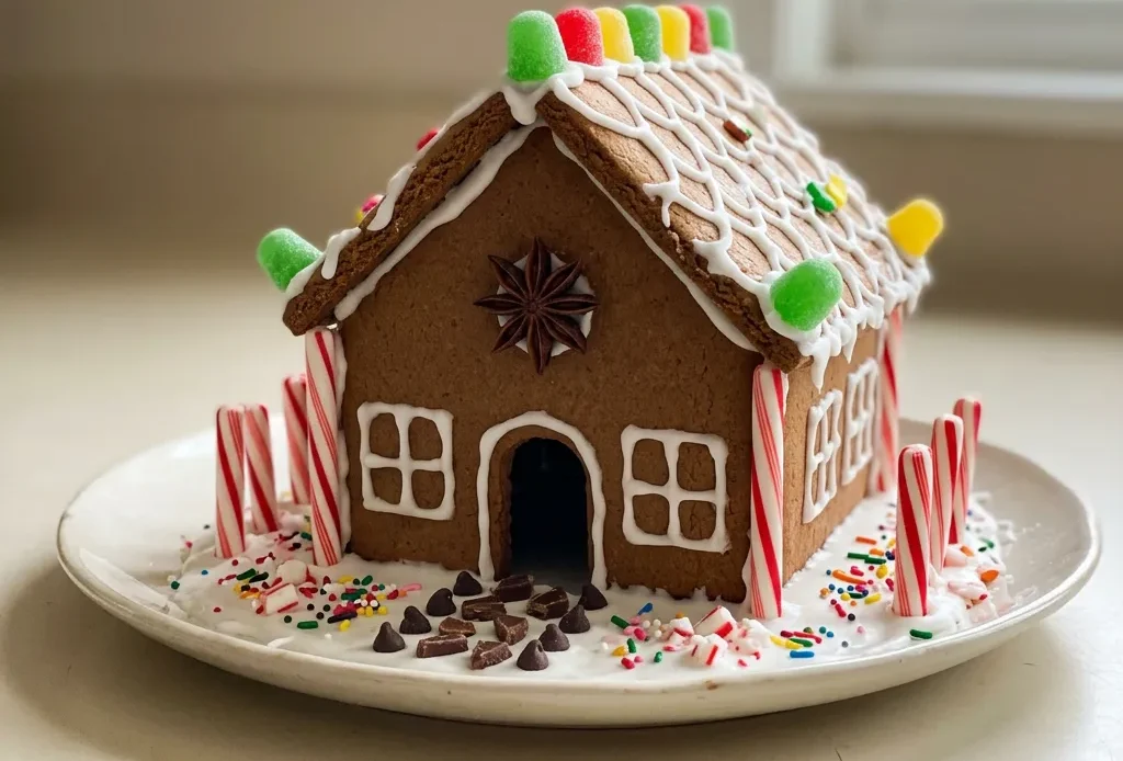 Looking down at a gingerbread house with candy cane roof, gum drop trim, and sprinkles on white icing.