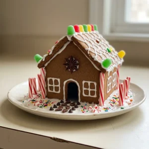 Looking down at a gingerbread house with candy cane roof, gum drop trim, and sprinkles on white icing.
