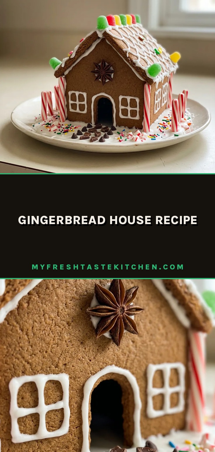 Looking down at a gingerbread house with candy cane roof, gum drop trim, and sprinkles on white icing.