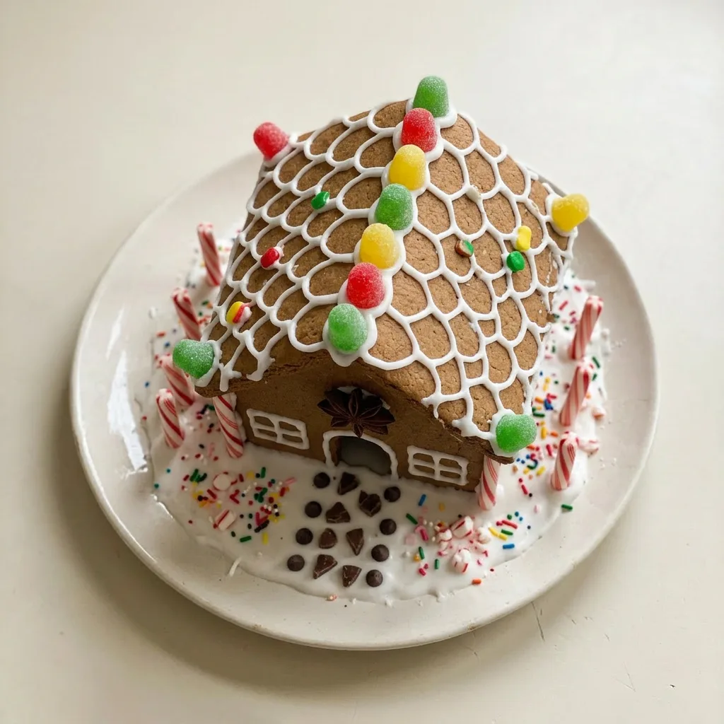 A plate of gingerbread house pieces with chocolate buttons, gum drops, and crushed candy cane.
