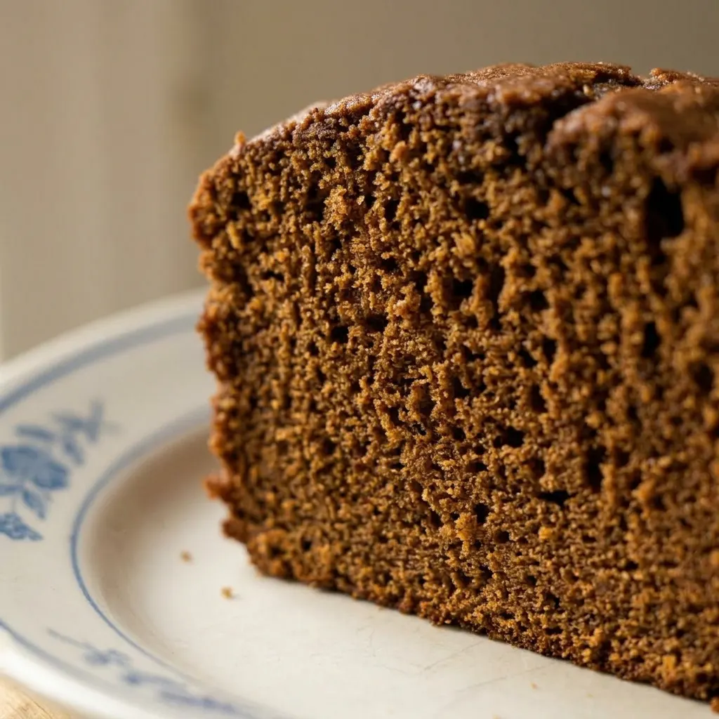 Close view of a moist gingerbread loaf slice showing a dark brown crumb with visible spice flecks, topped with a thick white icing.