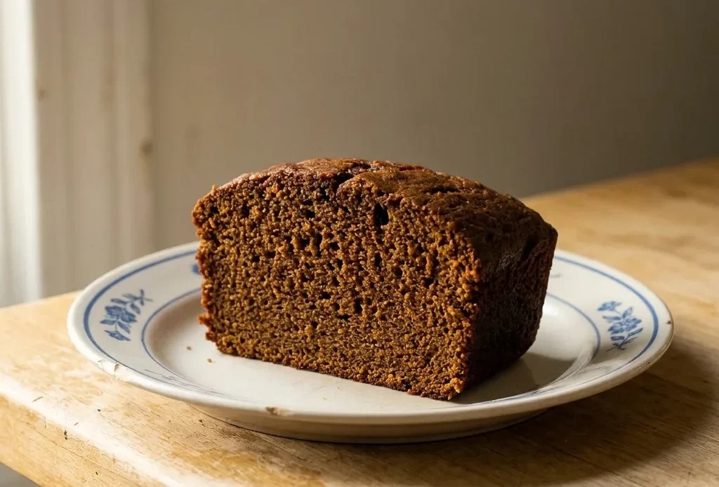Overhead shot of a rectangular gingerbread loaf with a crackled top, drizzled with white glaze and sprinkled with crystallized ginger.