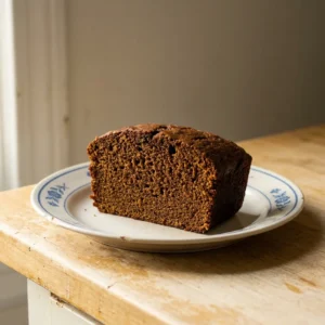 Overhead shot of a rectangular gingerbread loaf with a crackled top, drizzled with white glaze and sprinkled with crystallized ginger.