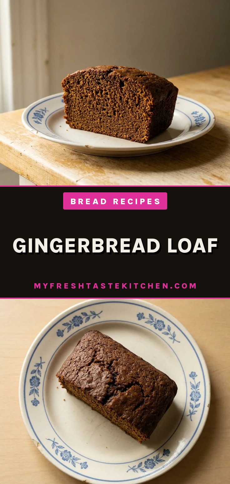 Overhead shot of a rectangular gingerbread loaf with a crackled top, drizzled with white glaze and sprinkled with crystallized ginger.