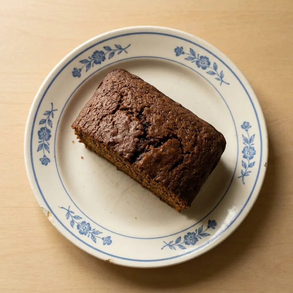 Plated gingerbread loaf slice on a dark surface, garnished with a dollop of whipped cream and a dusting of cinnamon.