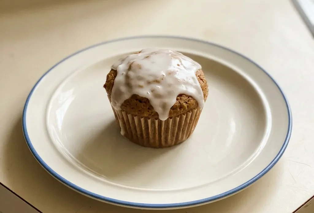 Overhead shot of two gingerbread muffins topped with white glaze and a drizzle of cream on a dark surface.