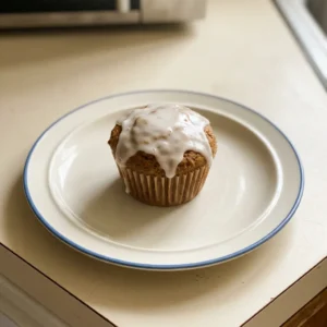 Overhead shot of two gingerbread muffins topped with white glaze and a drizzle of cream on a dark surface.