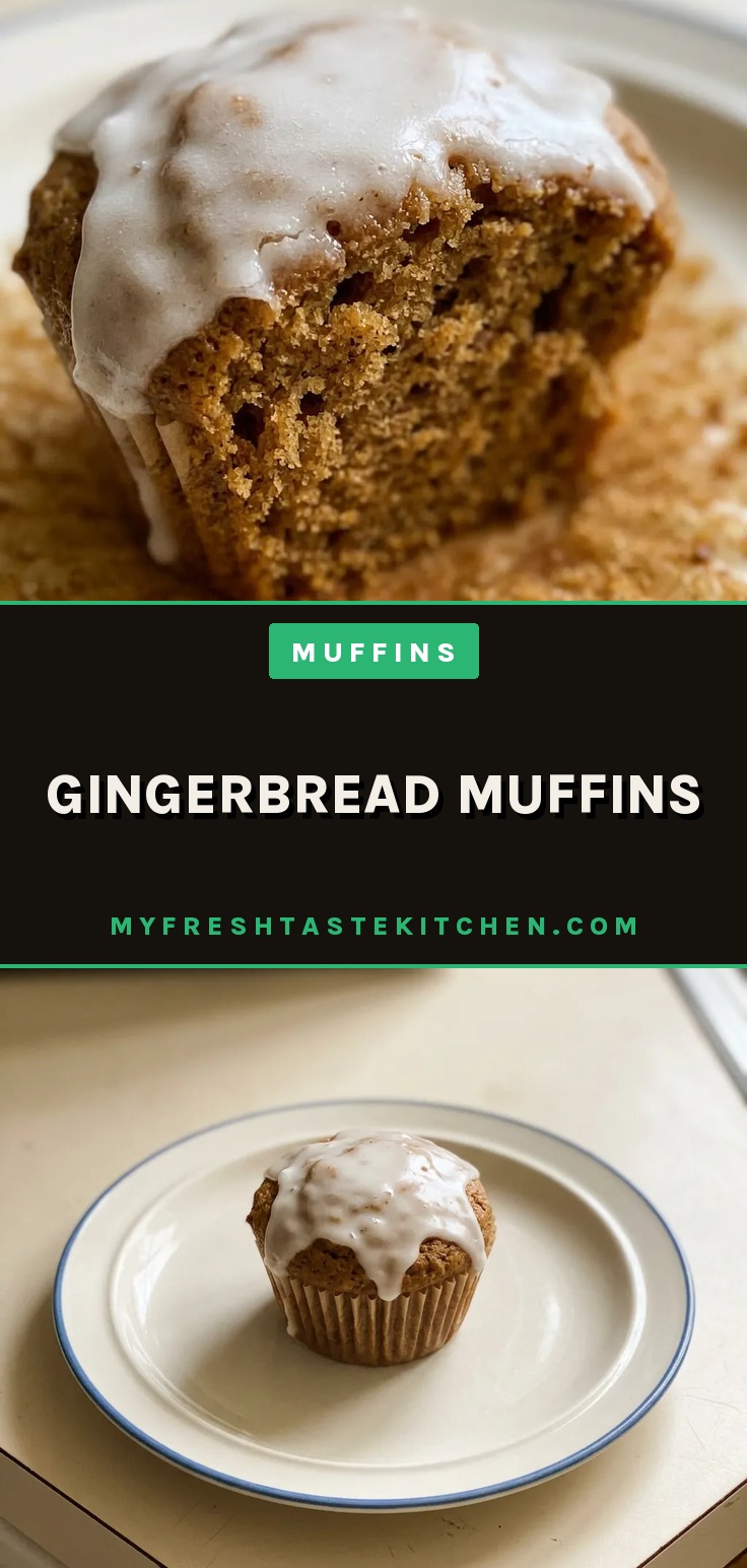 Overhead shot of two gingerbread muffins topped with white glaze and a drizzle of cream on a dark surface.