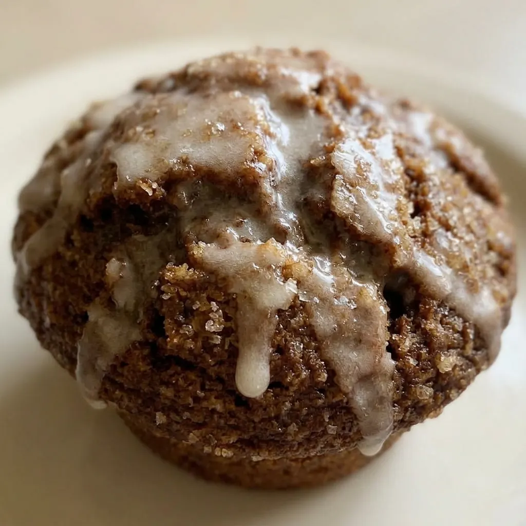 Close view of a glazed gingerbread muffin with a glossy top, showing molasses and spice specks.